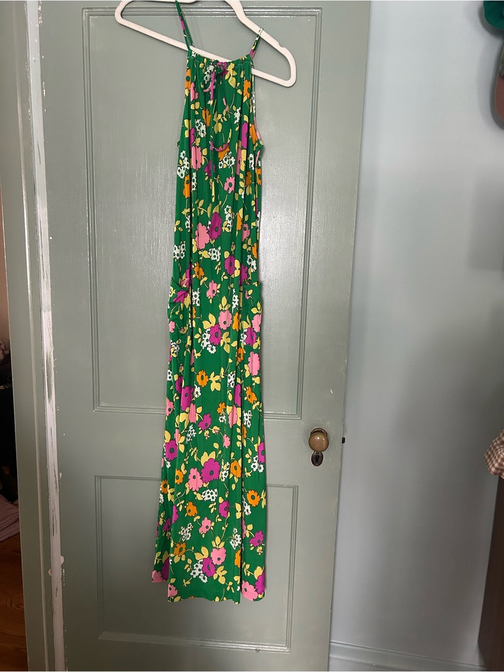 Vintage Green Maxi Dress with Pink, Yellow & White Floral Print